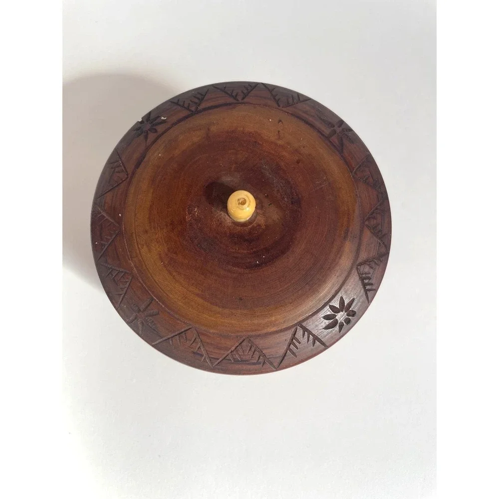 Vintage Hand Carved Wooden Trinket Box Round Decorative Keepsake Lidded Box